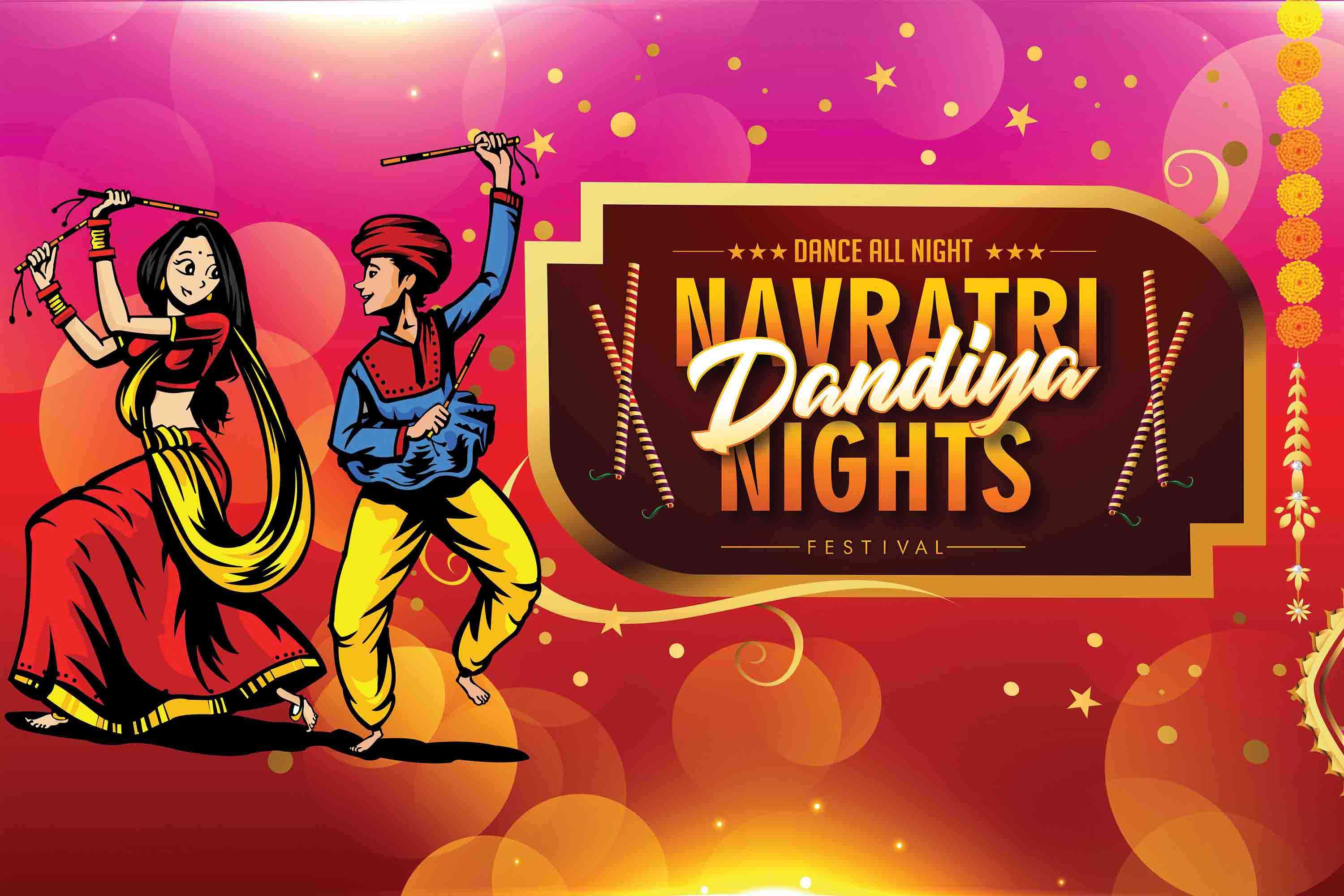 Illustration of Navratri Dandiya Nights festival with a couple dancing Garba in traditional attire, colorful background, and festive decorations.